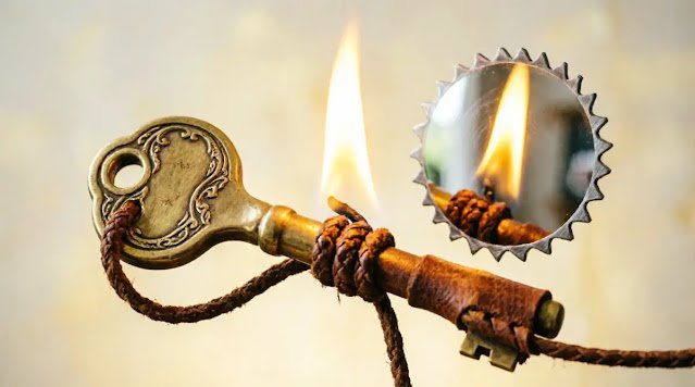 Unified tool: key, mirror, flame bound with braided cord - becoming someone who can stay (AI-generated illustration)