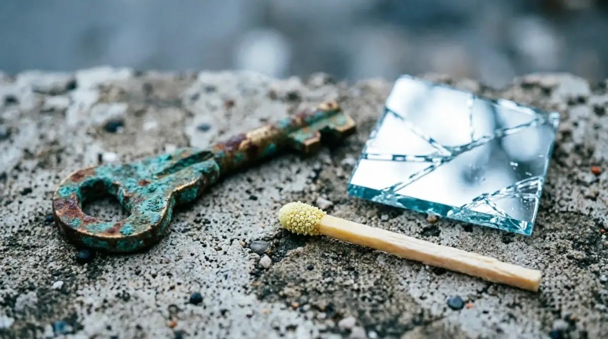 Rusty key, cracked mirror, unstruck match on concrete - tools for internal stability (AI-generated illustration)