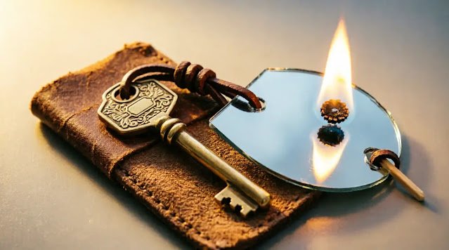 Polished key, clear mirror, steady flame woven with leather cord - stability becomes portable (AI-generated illustration)