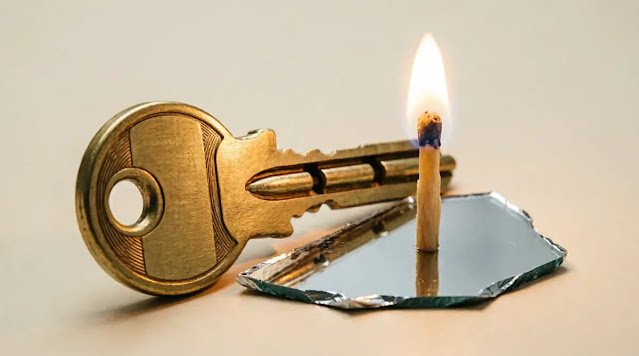 Key turned, mirror perfect, flame steady, objects touching - silence becomes presence (AI-generated illustration)