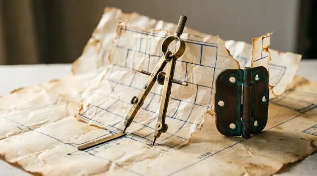 Precise compass, swinging hinge, 3D lifting blueprint  identity shift (AI-generated illustration)
