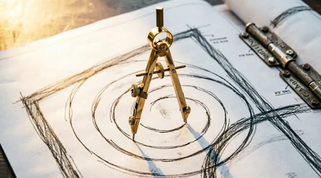 Compass drawing arcs, hinge supporting planes, architectural skeleton blueprint compounding structure (AI-generated illustration)