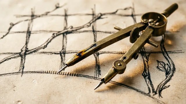 Compass drawing on grain, stiff hinge, trellis grid blueprint resistance to structure (AI-generated illustration)