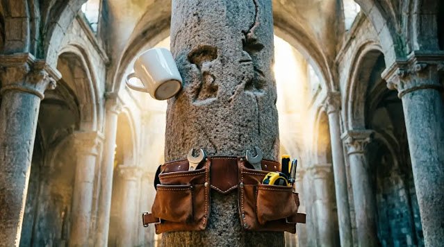 Integrated pillar architecture with recursive columns, tool belt system, permanent mug anchor routine becomes system (AI-generated illustration)