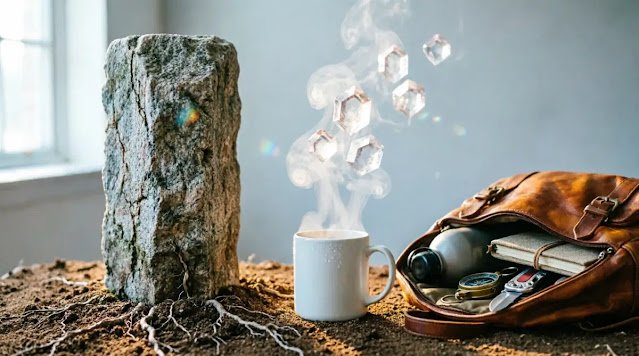 Partially buried pillar, lightened backpack, steaming mug with crystallized vapor foundation planning (AI-generated illustration)