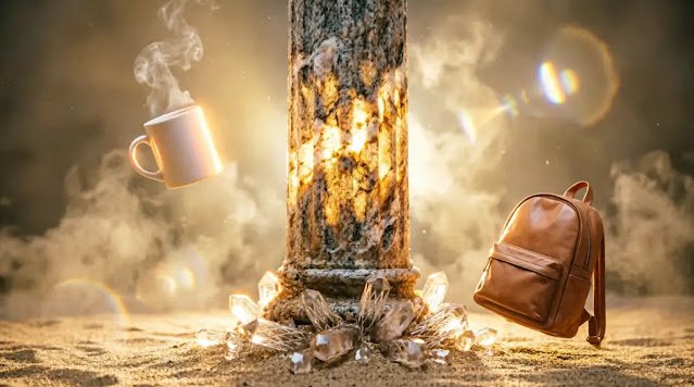 Self-sustaining pillar glowing within, light backpack, eternal anchor mug with sand-to-stone transition you don't need perfect (AI-generated illustration)