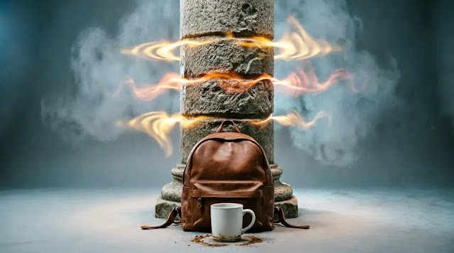 Pillar with three glowing zones, balanced backpack, anchor mug three layers of routine (AI-generated illustration)