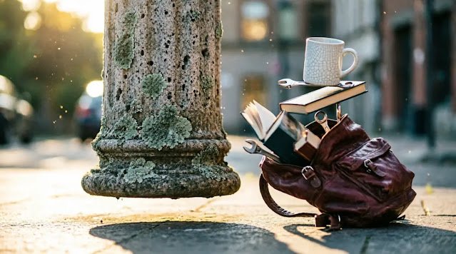 Floating stone pillar, spilled backpack contents, precariously balanced mug building backwards (AI-generated illustration)