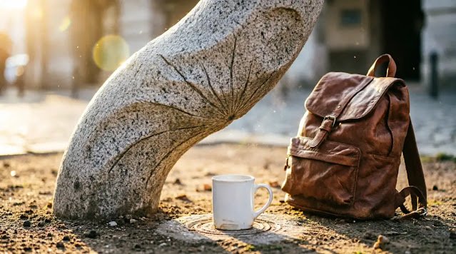 Load-bearing pillar bending under weight, minimal backpack, consistently placed mug structure holds (AI-generated illustration)