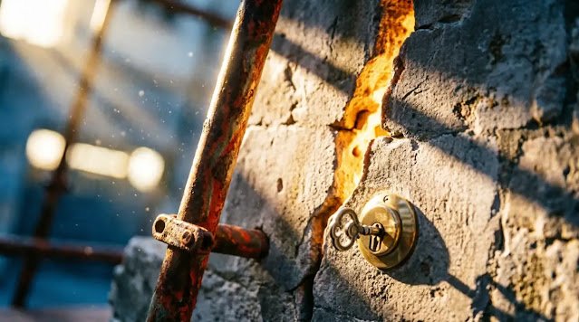 Wall crack glowing amber casting external shadows, scaffolding pole, half-turned deadbolt guilt as blueprint (AI-generated illustration)