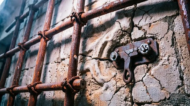 Wall crushed by tightening scaffolding cage, strained deadbolt, compression marks constraint resistance (AI-generated illustration)