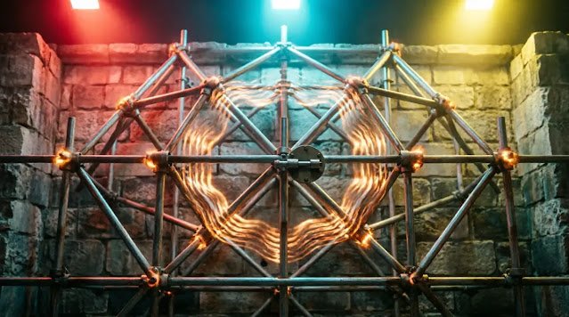 Scaffolding grid pulsing with living energy waves (amber/copper/bronze), stabilized wall, integrated deadbolt (AI-generated illustration)