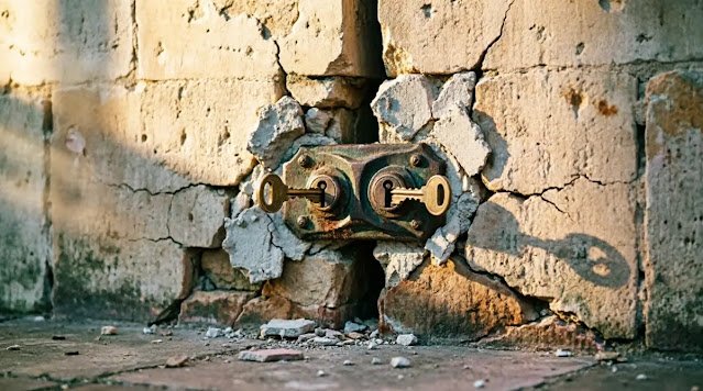 Crumbling wall with double-locked deadbolt empty ground setup over strength (AI-generated illustration)