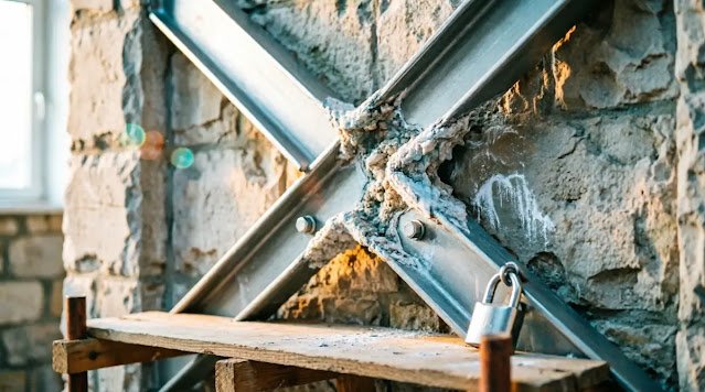 Steel brace fusing into limestone (metal crystallizing to stone)(AI-generated illustration)