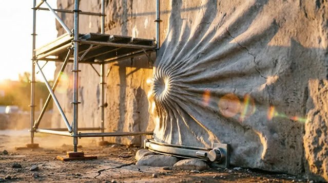 Limestone wall bending 30 degrees without breaking, bearing scaffolding, threshold deadbolt(AI-generated illustration)