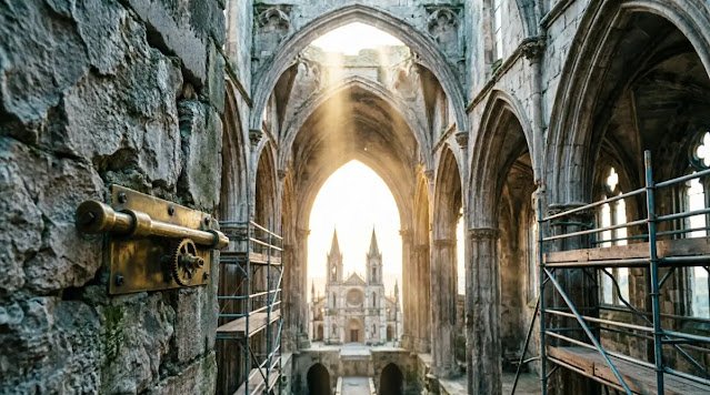 One wall fractally branching into eight cathedral arches, merged scaffolding, automated deadbolt(AI-generated illustration)