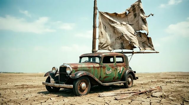 Car with mast, flapping sail without wind, unused oars waiting for motivation (AI-generated illustration)