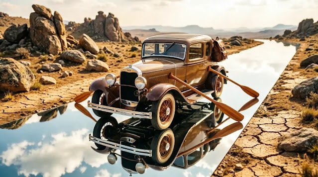 Rolling car on mirror-smooth path, vanished backpack, integrated oars never lazy (AI-generated illustration)