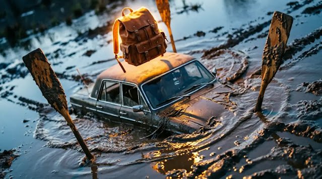 Car sinking in mud, glowing backpack pulling without contact, stuck oars guilt resistance(AI-generated illustration)