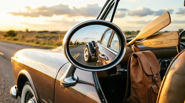 Rolling car, mirror showing future motion before it happens, light backpack identity shift (AI-generated illustration)