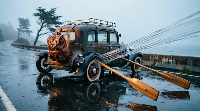 Car pulled back by giant rubber band, tightening backpack, frozen oars habit resistance (AI-generated illustration)