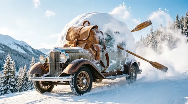 Car transformed into rolling snowball, integrated backpack, oars creating avalanche compound effect (AI-generated illustration)