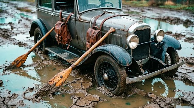Car bending like rubber, slackening backpack, oars pulling first tiny push (AI-generated illustration)