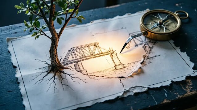 Half built blueprint bridge, one-sided tree growth compass bending through paper incomplete structure (AI-generated illustration)