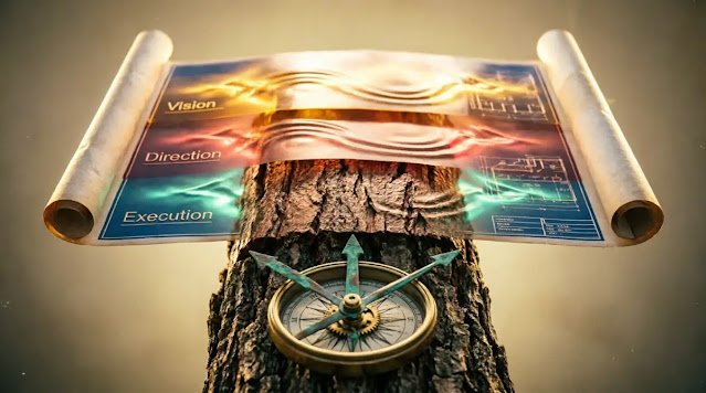 Three-layer blueprint pulsing, tree with three growth zones, compass splitting into three needles structural framework(AI-generated illustration)