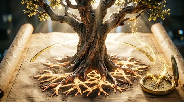 Fully illuminated blueprint, ancient tree with glowing geometric roots, compass dissolving to light decade story(AI-generated illustration)