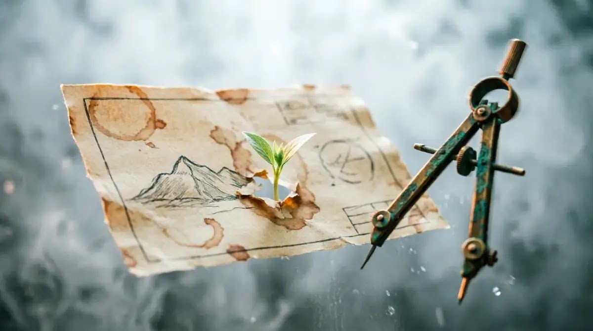 Floating blueprint seedling tree spinning compass in fog mountain disorientation(AI-generated illustration)
