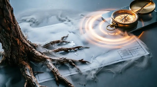 Blueprint consumed by fog, tree roots in mist, compass emitting solid light tunnel visibility limit (AI-generated illustration)