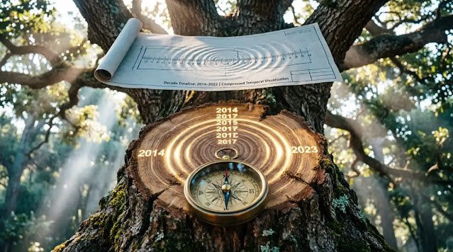 Blueprint with compressed timeline, massive tree with glowing rings, compass embedded in trunk compounding growth (AI-generated illustration)