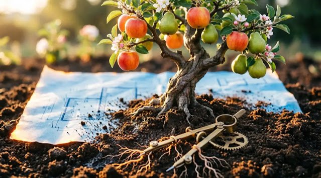 Blueprint transforming to soil, tree with fruit before flowers, compass growing roots gardener mindset (AI-generated illustration)