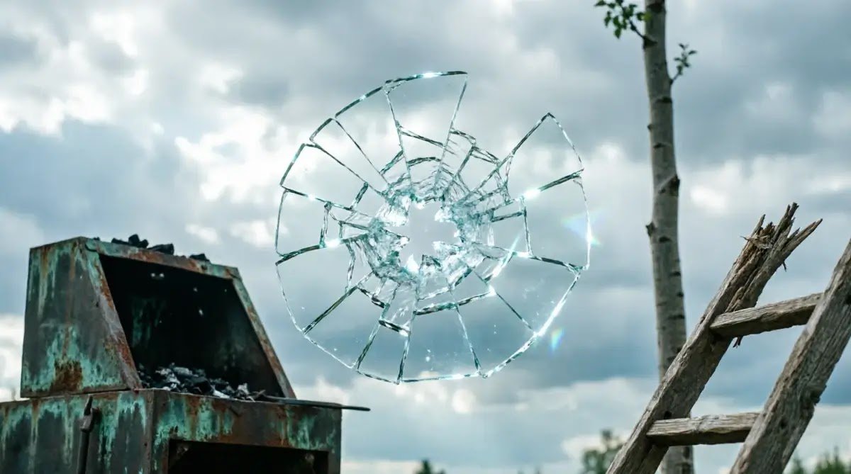 Glass shattering with frozen cracks, cold forge, broken ladder, straight tree untested fragility (AI-generated illustration)