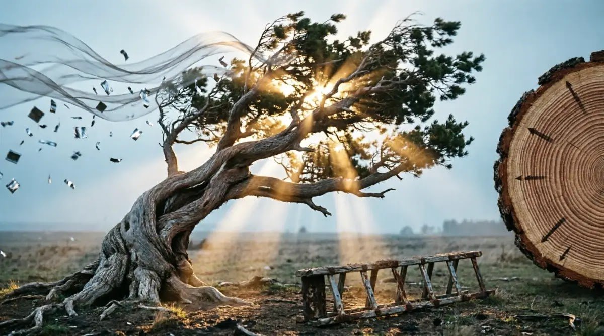Wind-bent tree, visible wind flow, ladder in open, tree rings showing wind direction(AI-generated illustration)