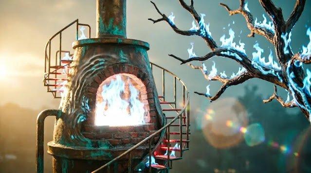 Metal with flames inside, white-hot forge, ladder wrapped around, tree burning without consumption designed resistance (AI-generated illustration)