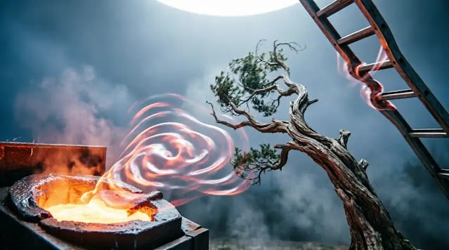 Visible magnetic repulsion waves, pulling forge, repelling ladder rungs, tree against wind identity resistance(AI-generated illustration)
