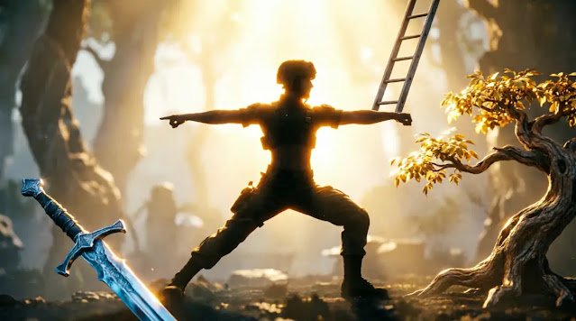 Soldier silhouette in perfect form, tempered metal, climbed ladder, thriving bent tree(AI-generated illustration)