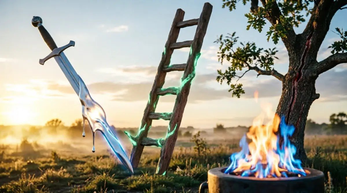 Melting sword staying solid, igniting forge, ladder growing rungs, tree bending warrior training (AI-generated illustration)