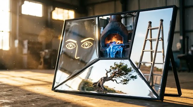 Mirror showing steady eyes reflection, tempered metal, climbed ladder, bent tree (AI-generated illustration)