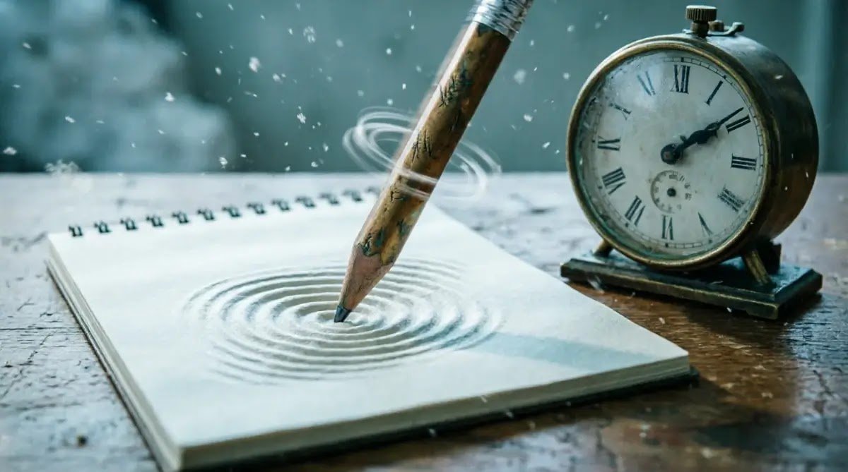 Vibrating lead pen, pressure-grooved notebook frozen timer hands morning overload(AI-generated illustration)