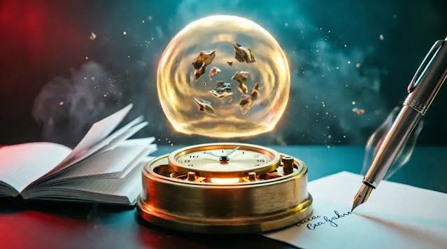 Golden containment timer field, autonomous writing pen self-turning notebook 10-minute lock (AI-generated illustration)