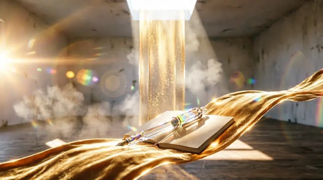 Flowing liquid light channels, fused pen-notebook tool sunbeam pillar morning authorship (AI-generated illustration)
