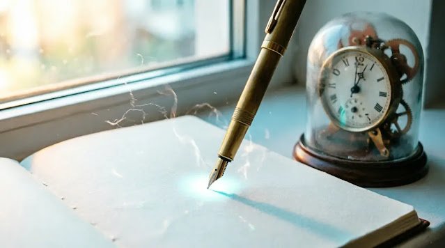 Glow-sucking blank notebook, markless pen tip, pulsing timer cognitive container (AI-generated illustration)
