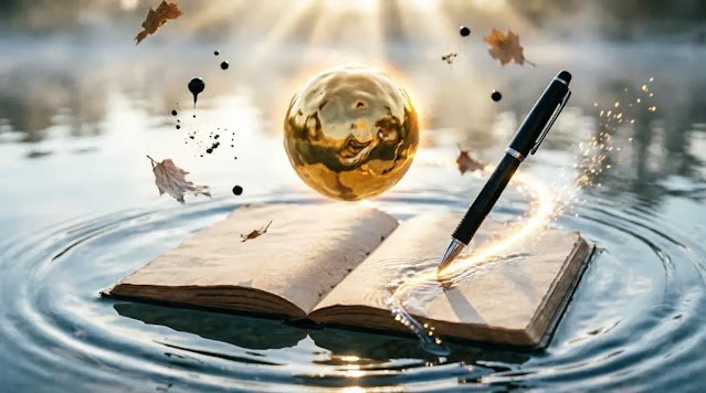 Dry notebook on water, upward-lifting ripples, glowing timer orb compounding effect (AI-generated illustration)