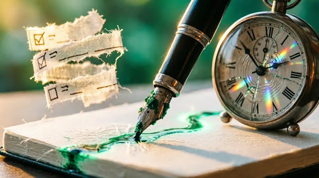 Upward-bleeding pen ink, floating checklist spiral, cracking rewinding timer fragmented thoughts(AI-generated illustration)