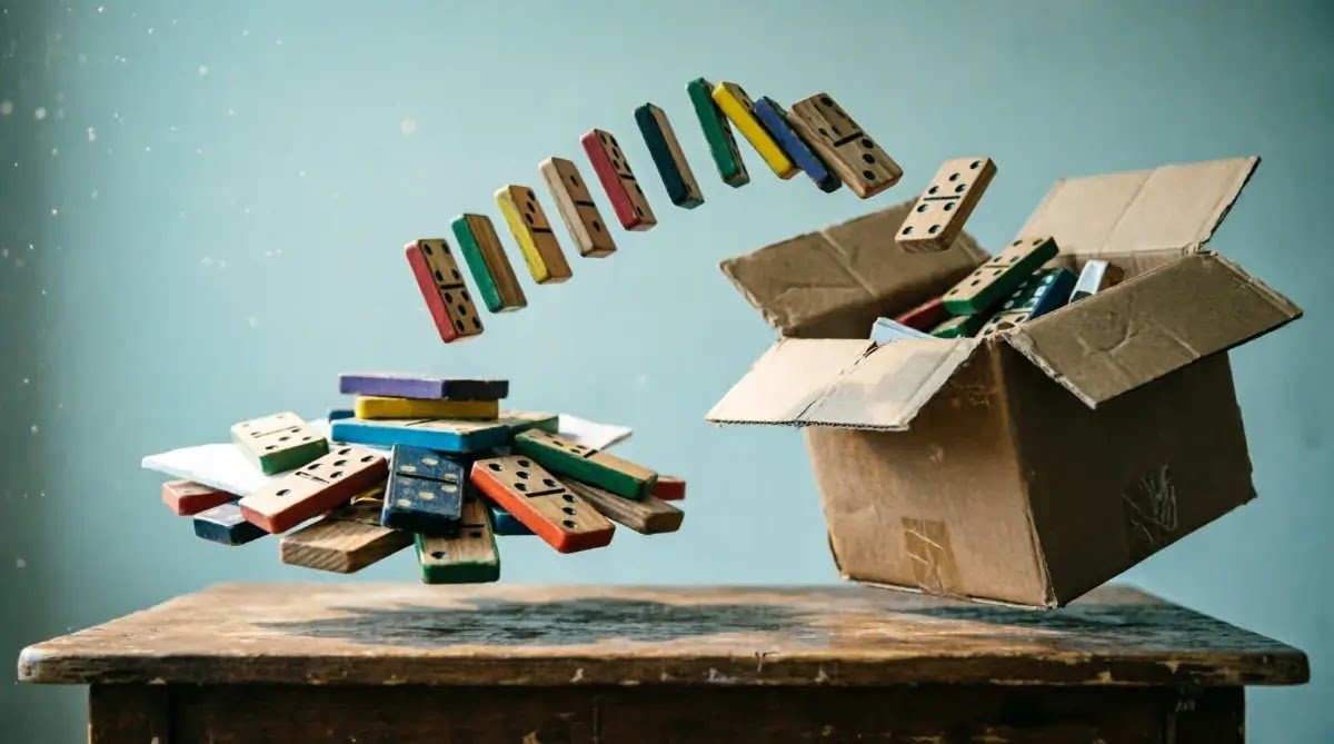 Levitating table clutter, overflowing box, upward-falling dominoes decision overflow (AI-generated illustration)