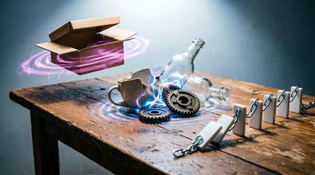 Fused broken objects on table, magnetically repelling box, chained dominoes familiar attachment (AI-generated illustration)