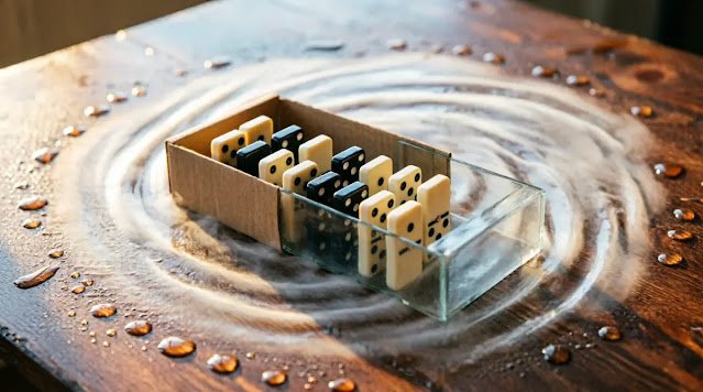 Spiral-clearing fog on table, transparent box, clarity-wave dominoes mental clarity (AI-generated illustration)